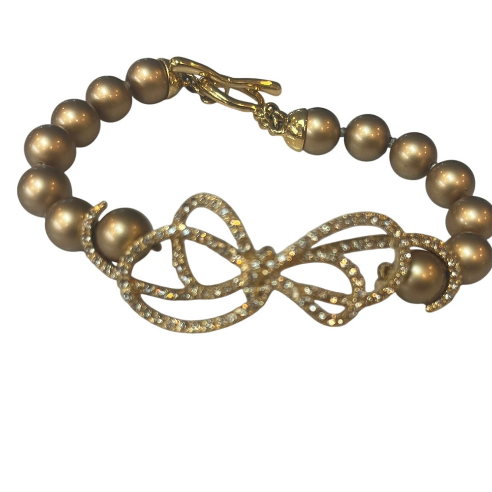 Gold Pearl Bead Bracelet with Delicate Rhinestone Bow and Toggle Clasp